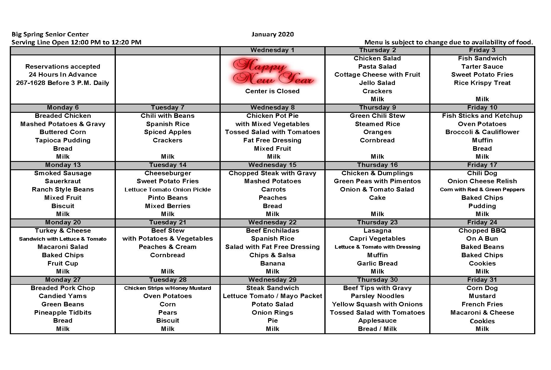January 2020 Menu