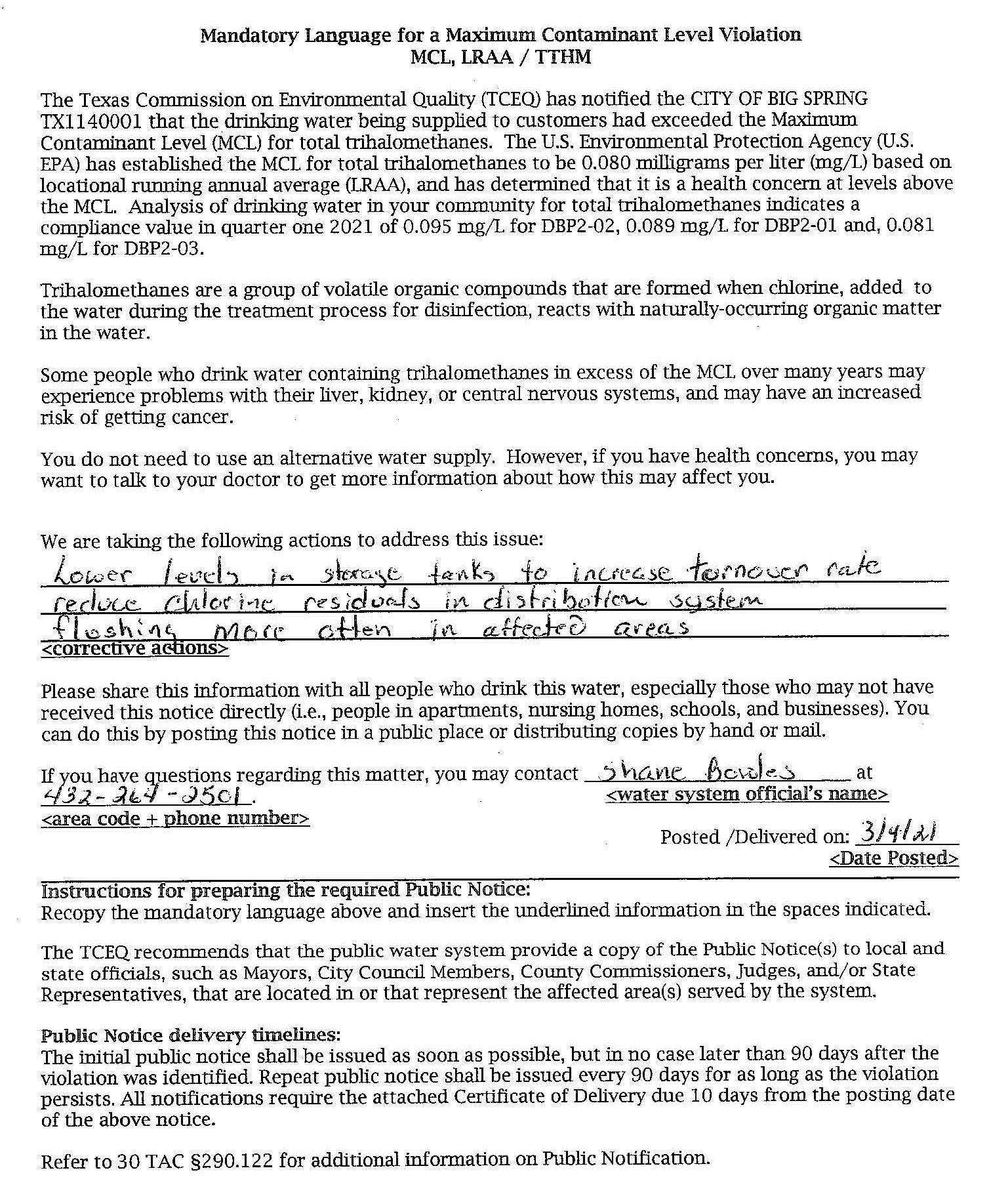 Notice of Maximum Contamination Violation 3-4-21